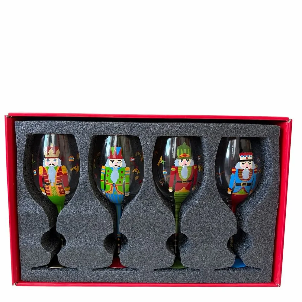 Neiman Marcus Hand Painted Nutcracker Wine Glasses 9in Set of 4 In Gift Box NEW